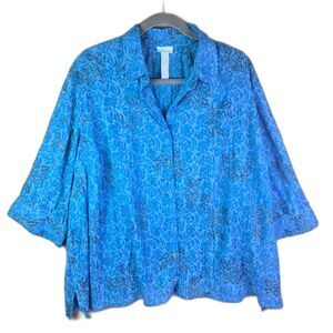 Liz and Me Blouse Cobalt Blue 4X Tonal Rose Floral Button Front Boho Plus